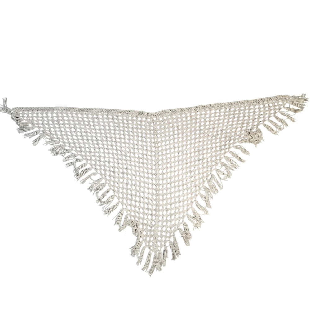 Handmade Crochet Triangle Shawl Tassel Fringe Cream Mesh Knit Wrap Scarf